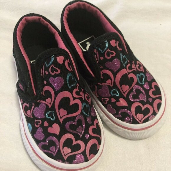 Vans Other - Vans | Toddler SZ 5 | Girls Hearts Black Pink Casual Slip On Sneakers Loafers